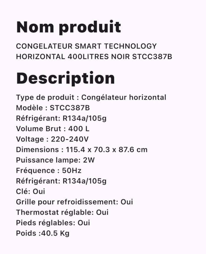 CONGELATEUR SMART TECHNOLOGY HORIZONTAL 400LITRES NOIR STCC387B – Image 2