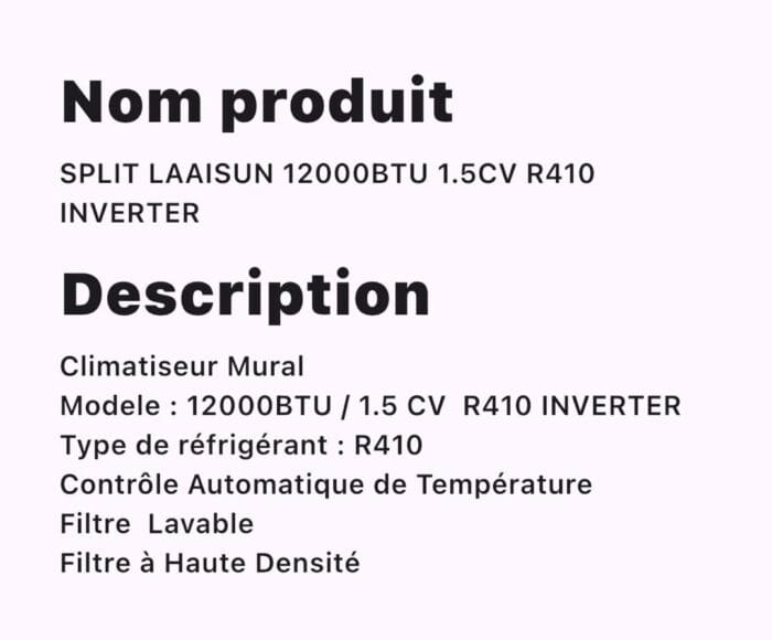 SPLIT LAAISUN 12000BTU 1.5CV R410 INVERTER – Image 2