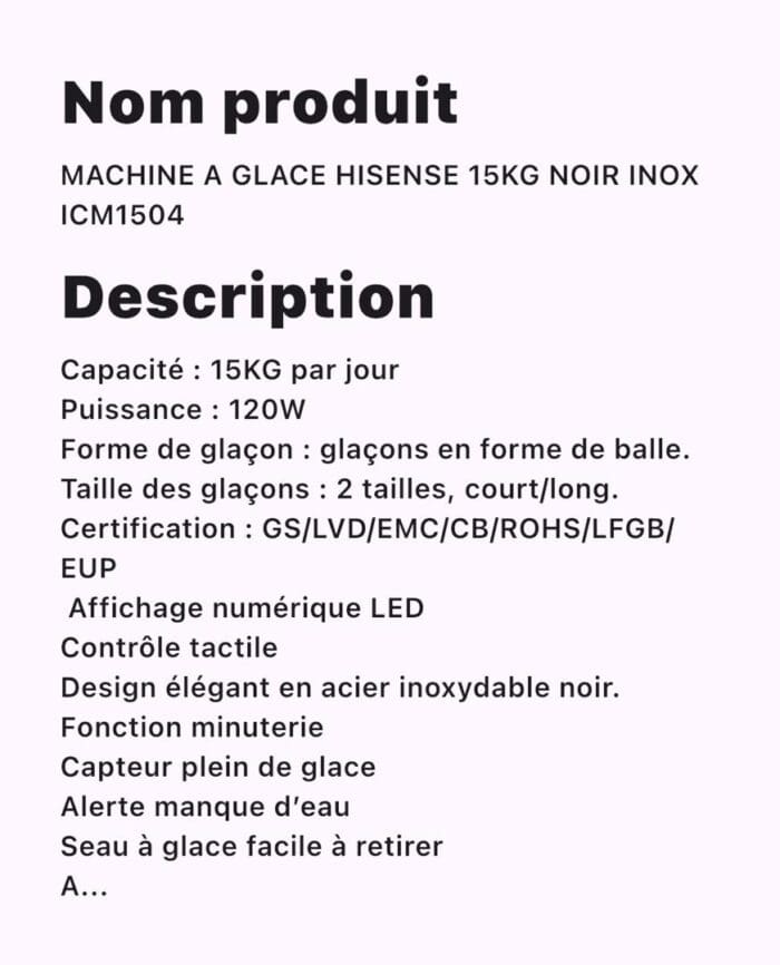 MACHINE A GLACE HISENSE 15KG NOIR INOX ICM 1504 – Image 2