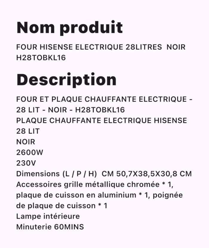 FOUR HISENSE ELECTRIQUE 28LITRES NOIR H28TOBKL16 – Image 2