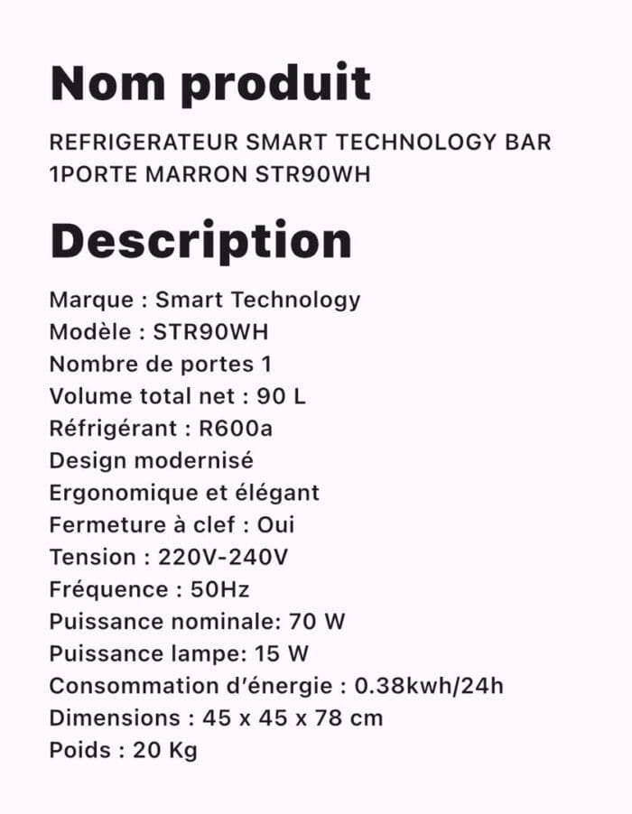 REFRIGERATEUR SMART TECHNOLOGY BAR 1PORTE MARRON STR90WH – Image 2