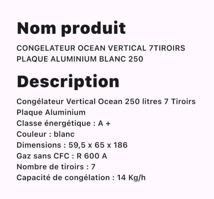 CONGELATEUROCEAN VERTICAL 7TIROIRS PLAQUE ALUMINIUM BLANC 250 – Image 2