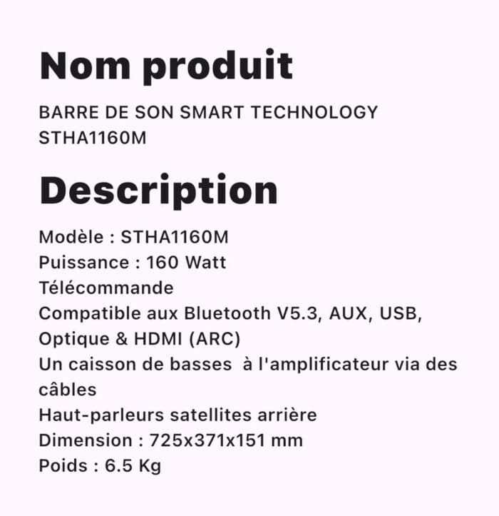 BARRE DE SON SMART TECHNOLOGY STHA1160M – Image 2