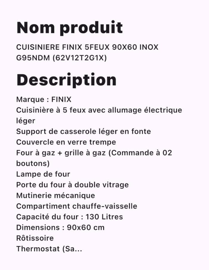 CUISINIERE FINIX 5FEUX 90X60 INOX G95NDM – Image 2