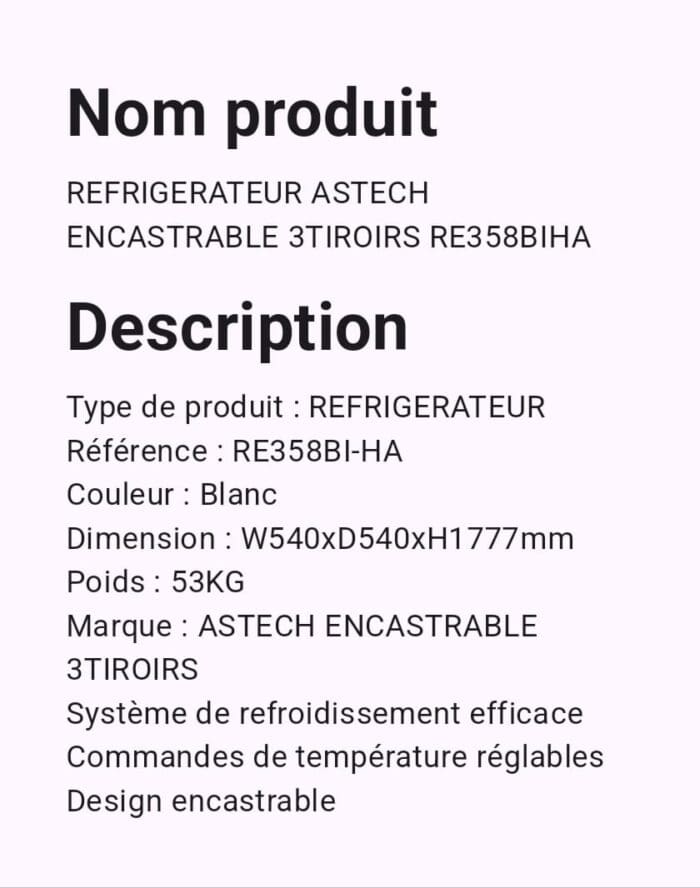 REFRIGERATEUR ASTECH ENCASTRABLE RE358BI-HA 3TIROIRS – Image 2