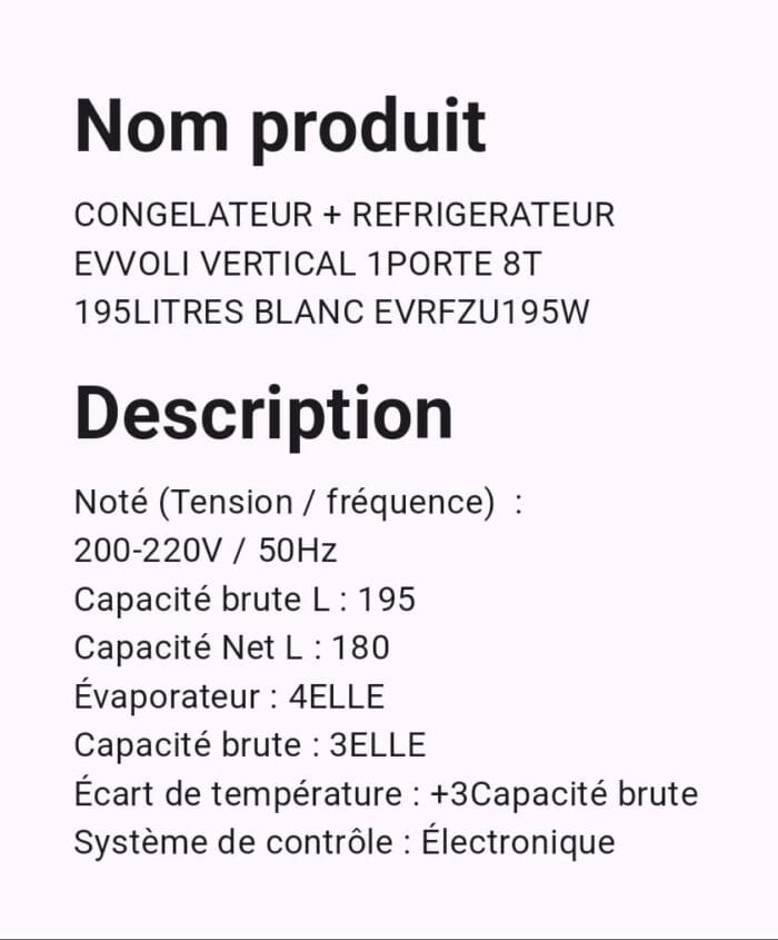 CONGELATEUR + REFRIGERATEUR EVVOLI VERTICAL 8T 195L EVRFZU195W – Image 3