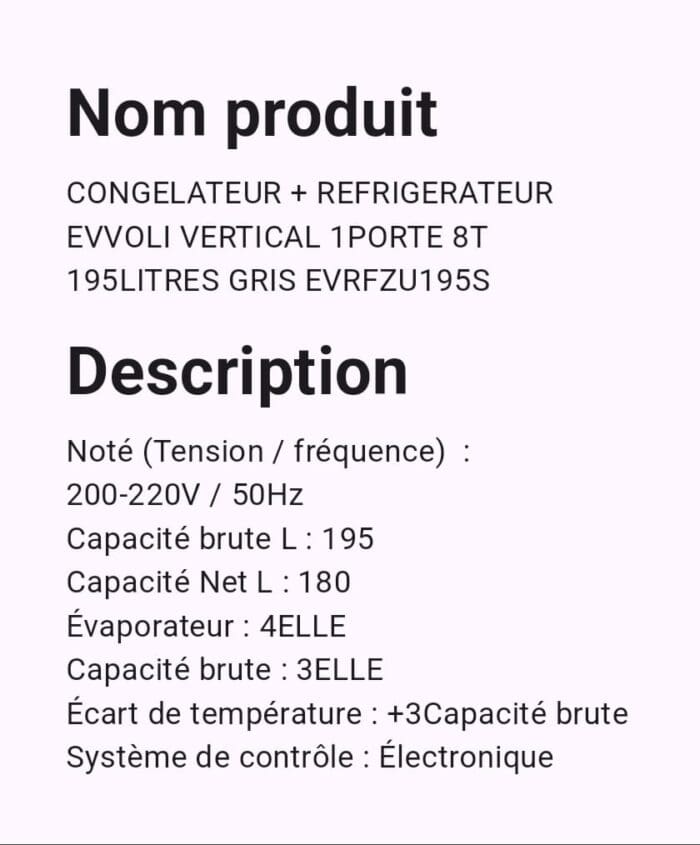 CONGELATEUR + REFRIGERATEUR EVVOLI VERTICAL 8T 195L EVRFZU195S – Image 2