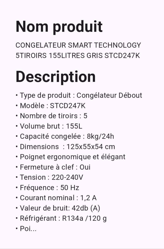 CONGELATEUR SMART TECHNOLOGY 75TIROIRS 155LITRES PLAQUE STCD247K – Image 2