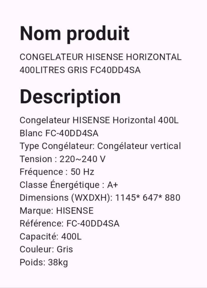 CONGELATEUR HISENSE HORIZONTAL 400LITRES GRIS FC-40DD4SA – Image 2