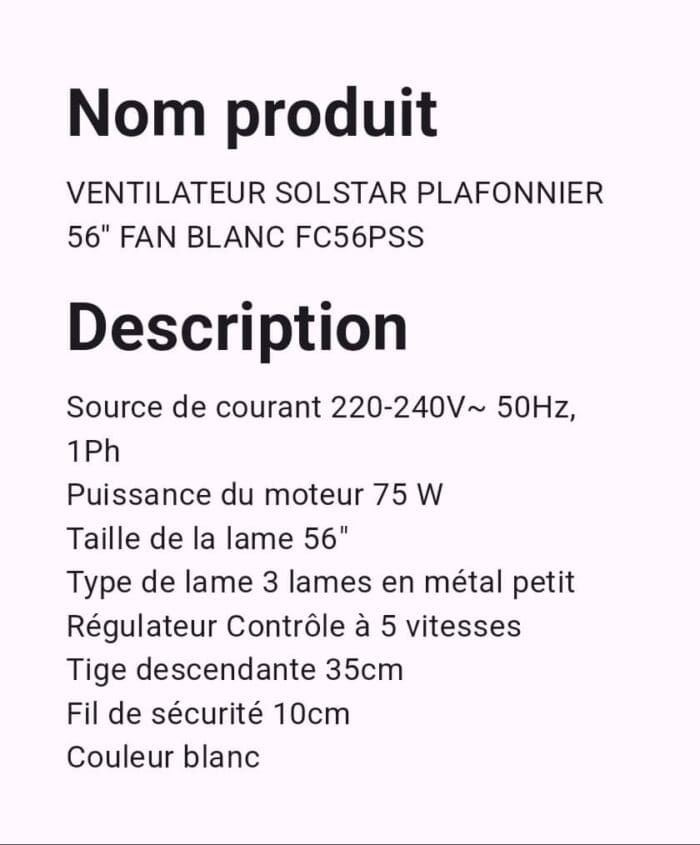 VENTILATEUR SOLSTAR PLAFONNIER 56″ FAN BLANC FC56PSS – Image 2