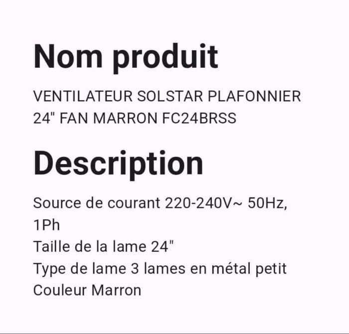 VENTILATEUR SOLSTAR PLAFONNIER 24″ FAN MARRON FC24BRSS – Image 2