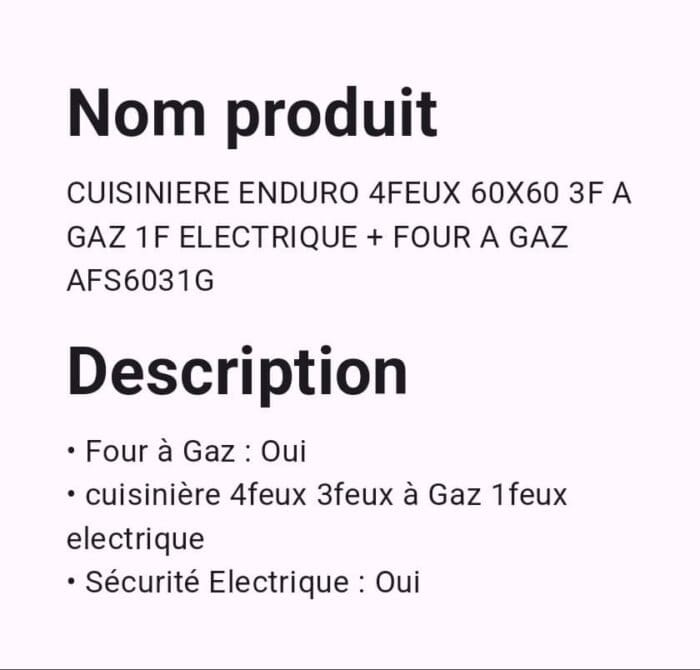 CUISINIERE ENDURO 4FEUX 60X60 3F A GAZ 1F + FOUR A GAZ AFS6031G – Image 2