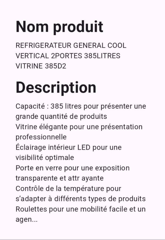 REFRIGERATEUR VERTICAL VITRINE 385LITRES GENERAL COOL 385D2 – Image 2