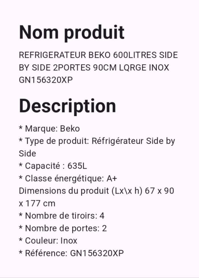 REFRIGERATEUR BEKO 600LITRES SIDE BY SIDE  LQRGE INOX GN156320XP – Image 2