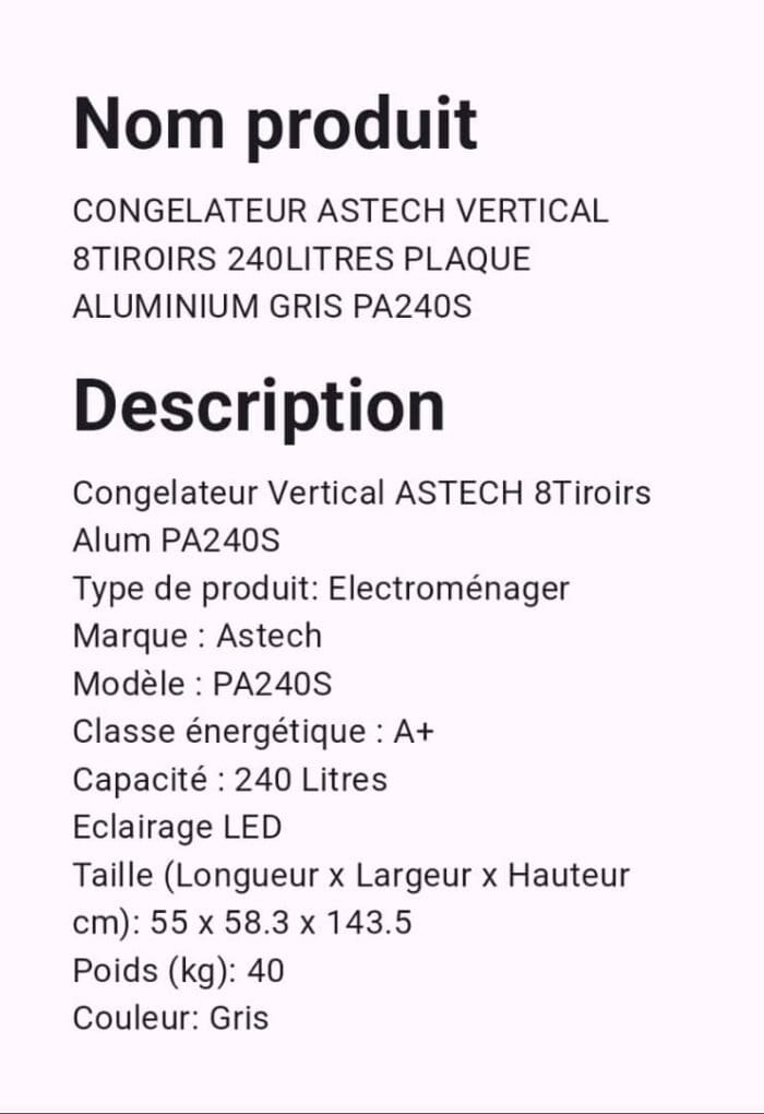 CONGELATEUR VERTICAL ASTECH 8TIROIRS  Aluminium 168LITRS PA240 – Image 2