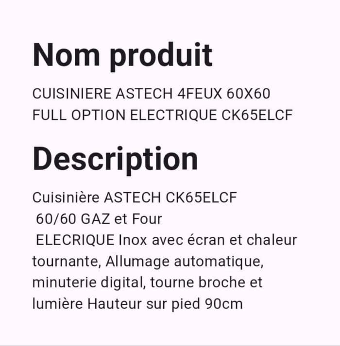 CUISINIERE ASTECH 60/60 4FEUX FULL OPTION VENTILO+ECRAN CK64GAZF – Image 2