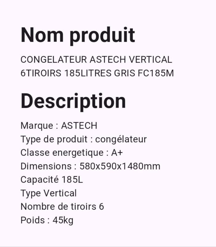 CONGELATEUR VERTICAL ASTECH 6TIROIRS FC185M – Image 2