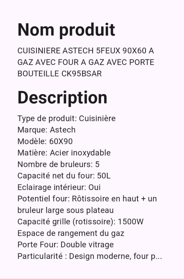 CUISINIERE ASTECH 5FEUX FULL OPTION BOUTEILLE A GAZ CK95BSAR – Image 3