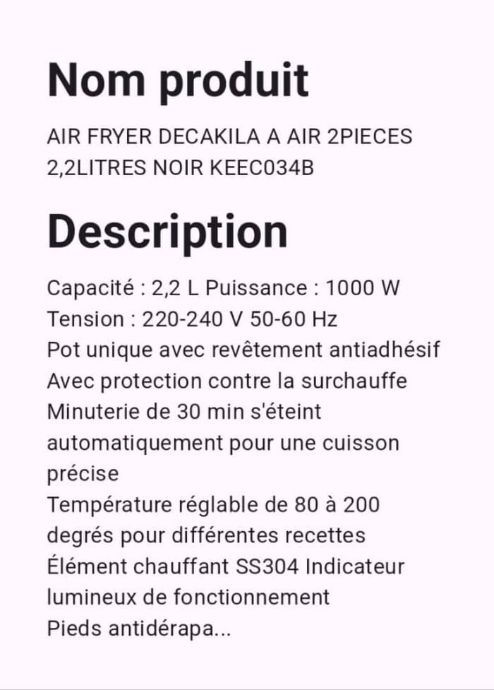 AIR FRYER DECAKILA A AIR MANUEL 2 PIECE G 2,2LITRES NOIR KEEC034B – Image 3