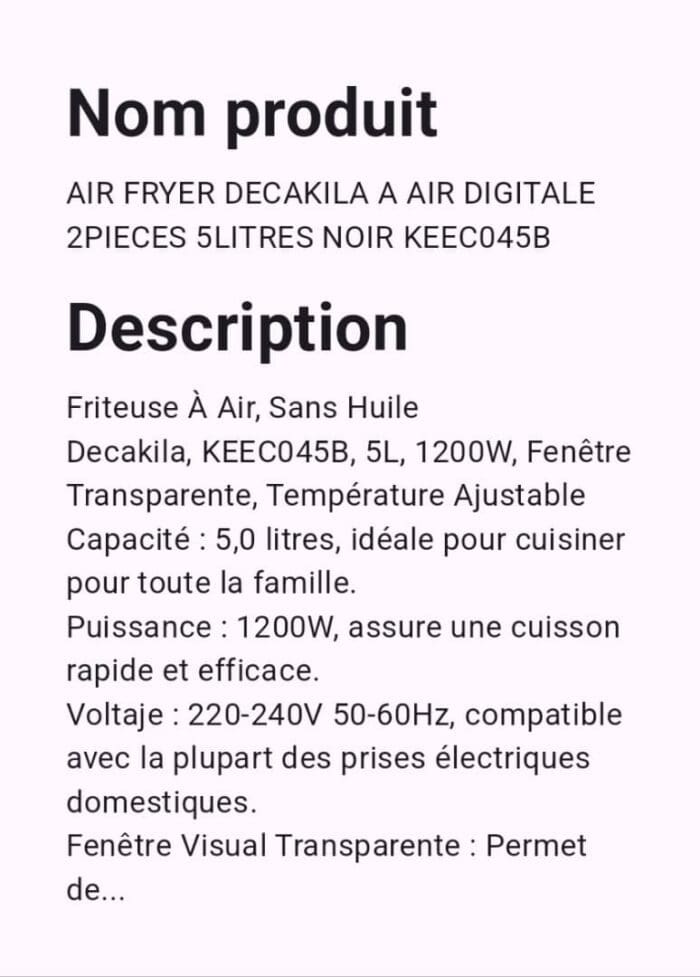 AIR FRYER DECAKILA A AIR DIGITALE 2PIECES 5LITRES NOIR KEECO45B – Image 2