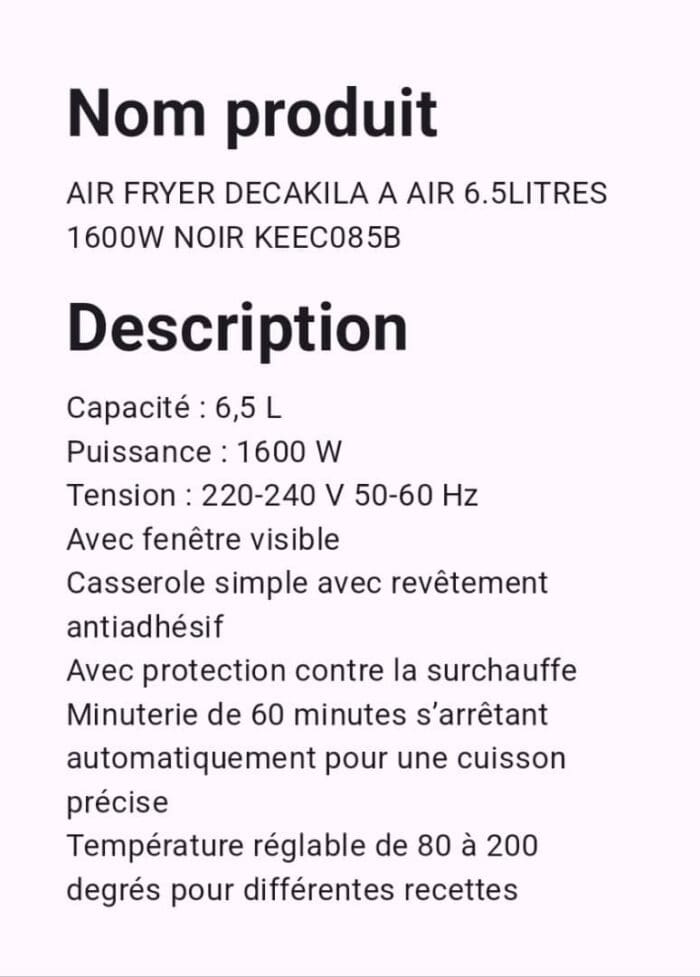 AIR FRYER DECAKILA A AIR 6.5LITRES 1600W NOIR KEEC085B – Image 4