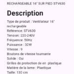 VENTILATEUR SMART TECHNOLOGY RECHARGEABLE 16″ SUR PIED STV630 – Image 2