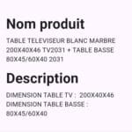 Table Televiseur Blanc Marbre 200x40x46 TV2031 + Table Basse 80x45/60x40 2031 – Image 3