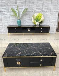 Table Televiseur Noir Marbre 200x40x46 66-20B + Table Basse 130x70 66-13B