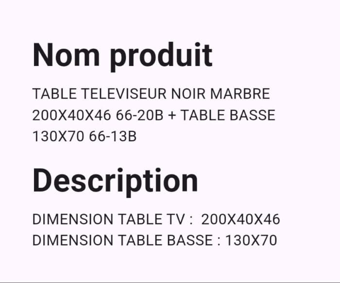 Table Televiseur Noir Marbre 200x40x46 66-20B + Table Basse 130x70 66-13B – Image 2