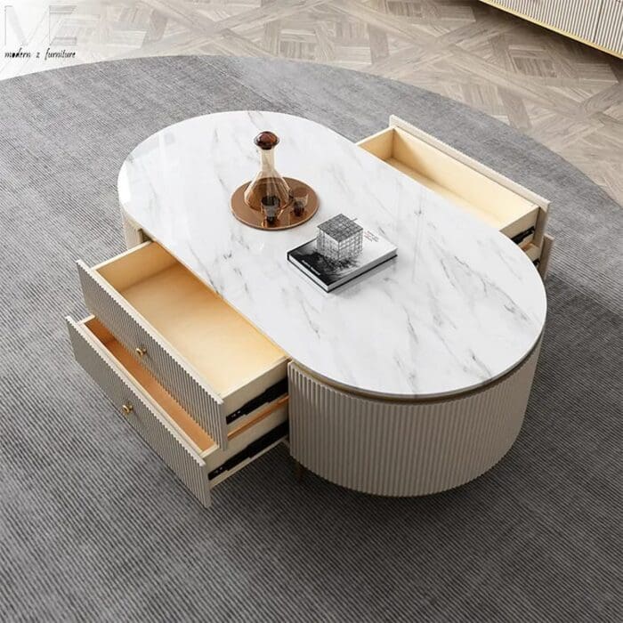 Table Televiseur Blanc Marbre 200x40x46 TV2032 + Table Basse 130x70 2032