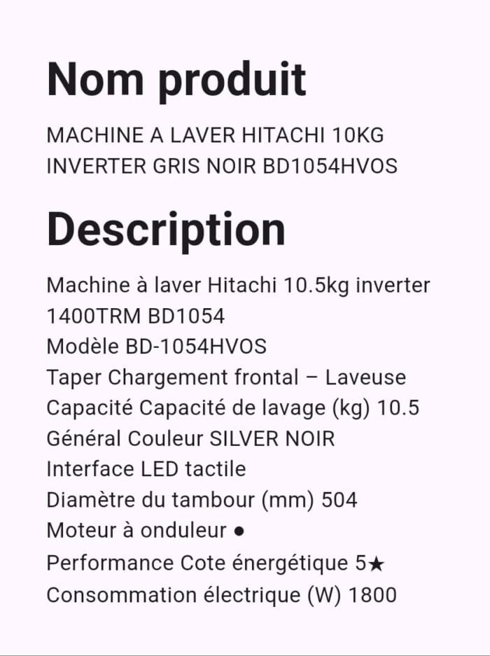 Machine A Laver HITACHI 10KG INVERTER Gris Noir BD1054HVOS – Image 2