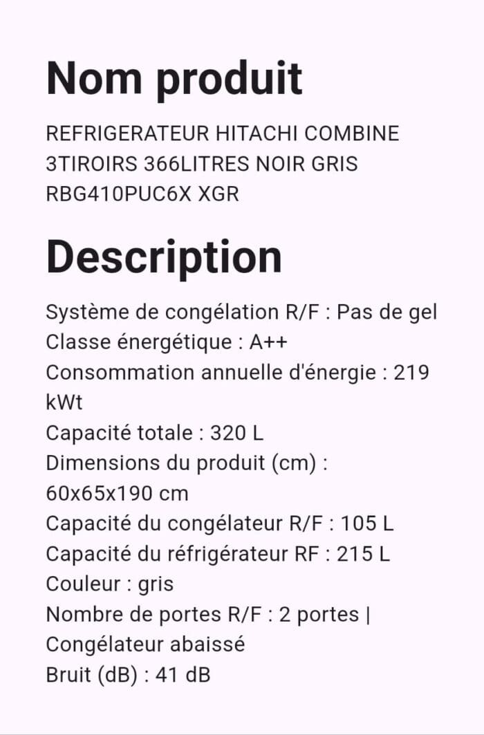 Réfrégirateur HITACHI COMBINE 3 Tiroirs 366L NOIR Gris RBG410PUC6X XGR – Image 2