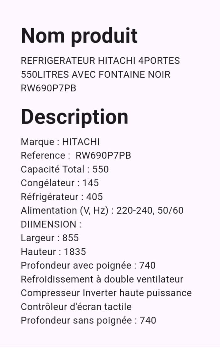 Réfrégirateur HITACHI 4 Portes 550 Litres Avec Fontaine Noir RW690P7B – Image 2