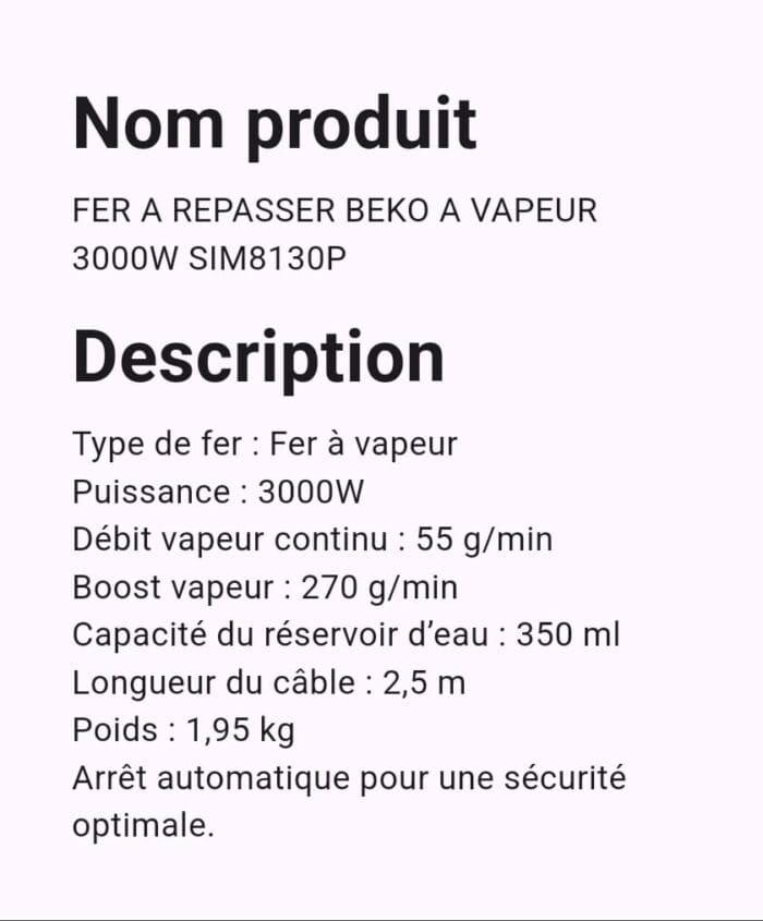 Fer A Repasser BEKO A Vapeur 3000W SIM8130P – Image 2