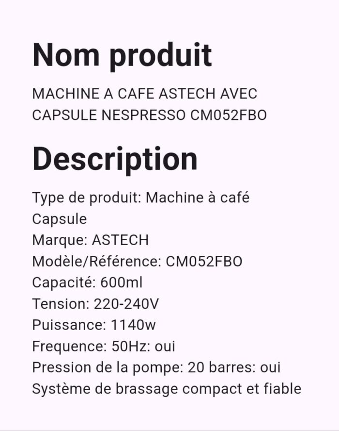 Machine A Café Astech AVEC CAPSULE NESPRESSO CM052FBO – Image 3