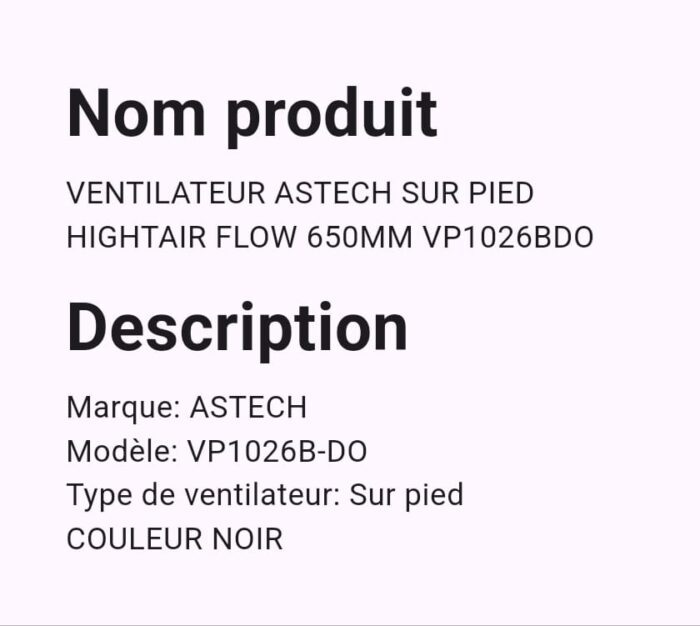 Ventilateur Astech sur Pied HIGHTAIR FLOW 650MM VP1026BDO – Image 2