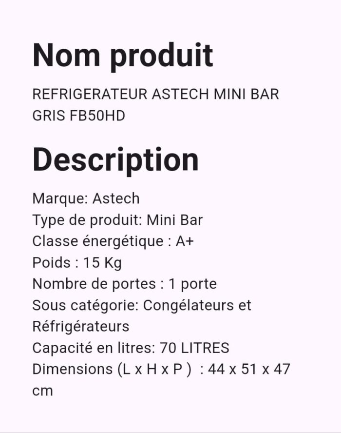 Refregirateur ASTECH MINI BAR GRIS FB50HD – Image 2