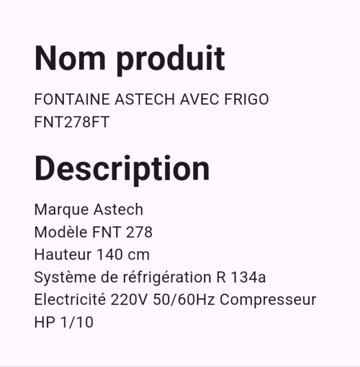 Fontaine Astech Avec Frigo FNT278FT – Image 2