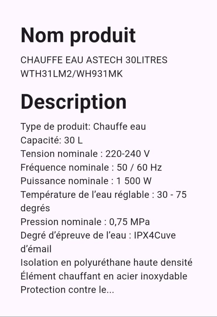 Chauffe-Eau Astech 30Litres WTH31LM2/WH931MK – Image 2