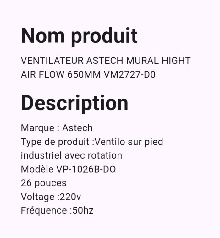 Ventilateur Astech Mural Hight AIR FLOW 650MM VM2727-DD – Image 3