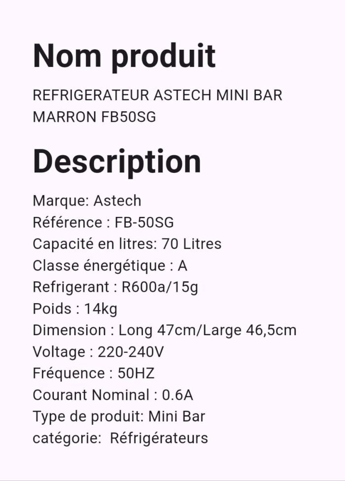 Refregirateur Astech MINI BAR MARRON FB50SG – Image 3