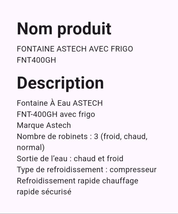 Fontaine Astech Avec Frigo FNT400GH – Image 2