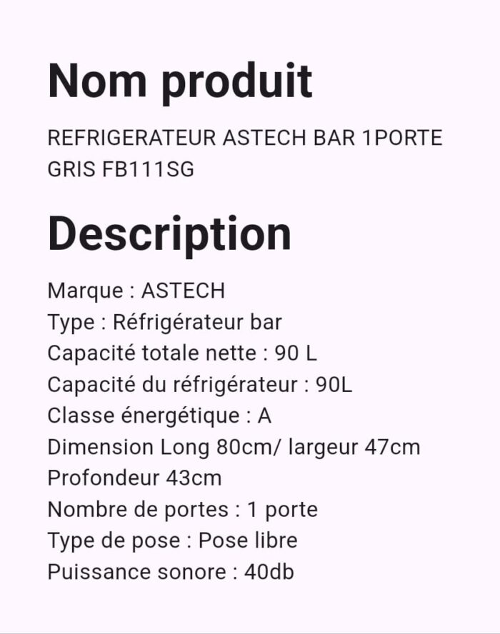 Refregirateur Astech Bar 1Porte Gris FB111SG – Image 2