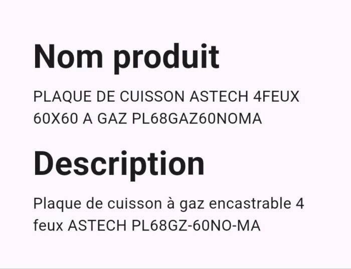 Plaque de cuisson Astech 4Feux 60x60 A Gaz PL68GAZ60NOMA – Image 2