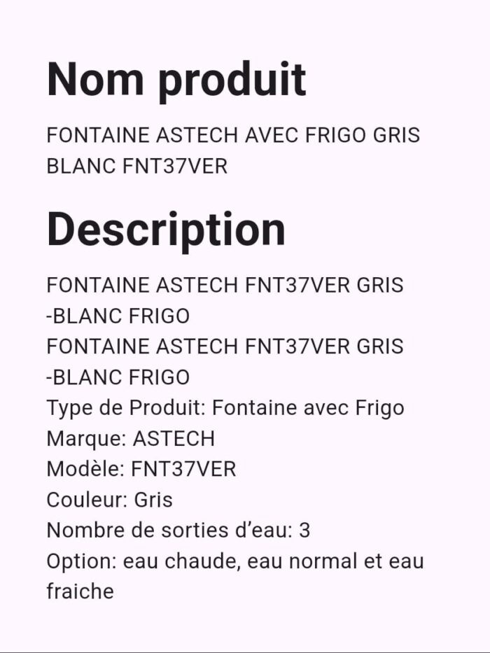 Fontaine Astech Avec Frigo Gris Blanc FNT37VER – Image 2