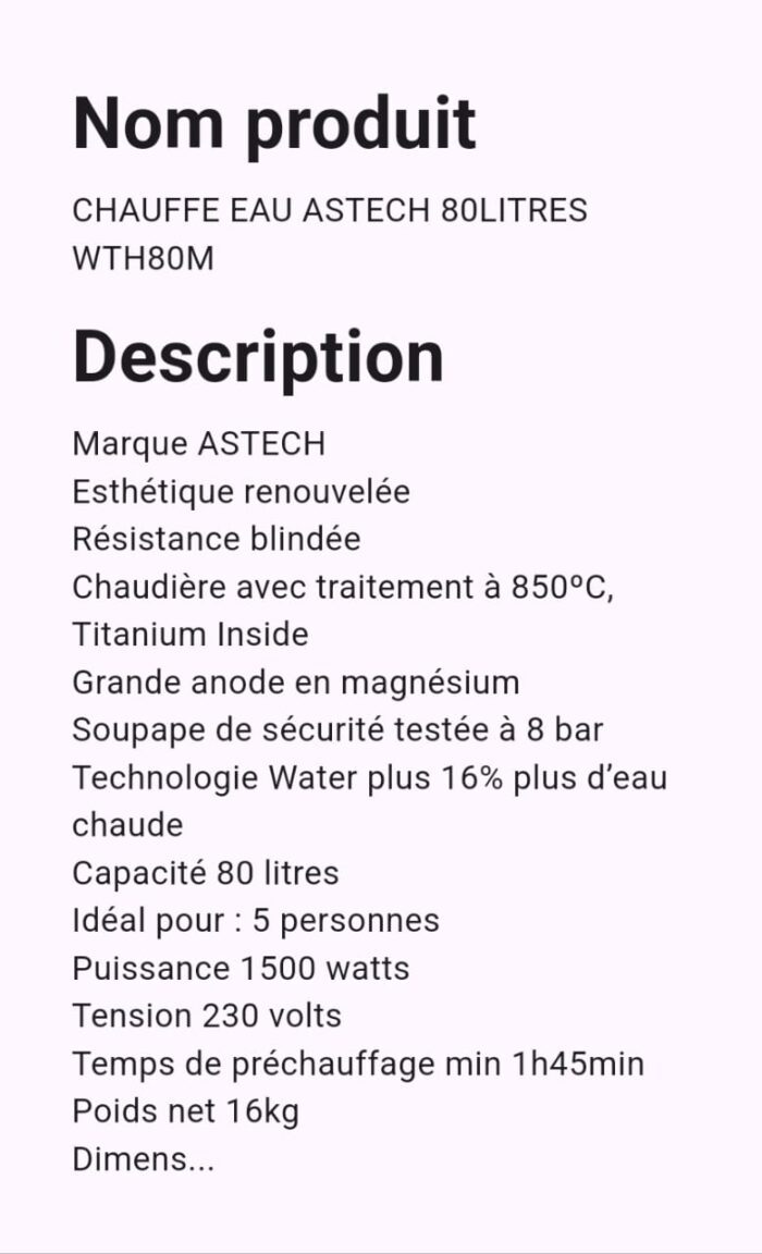 Chauffe-Eau Astech 80 LITRES WTH80M – Image 2