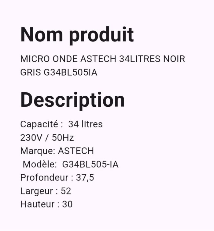 Micro Ondes Astech 34Litres NOIR GRIS G34BL505IA – Image 2
