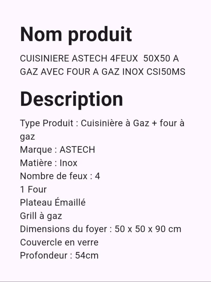 Cuisinière Astech 4Feux 50x50 A GAZ AVEC FOUR A GAZ INOX CSI50MS – Image 2