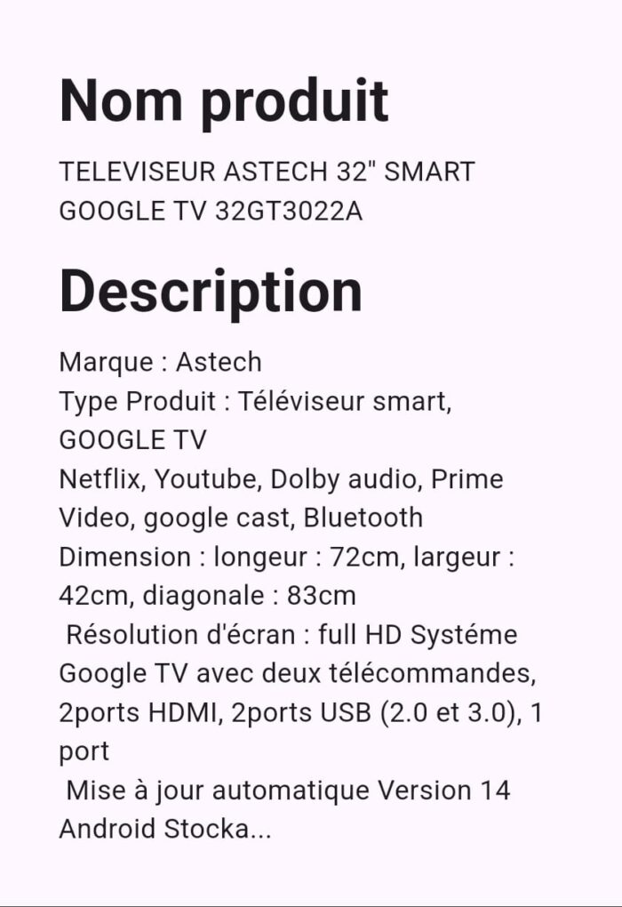 Televiseur ASTECH 32'' SMART GOOGLE 32GT3022A – Image 2