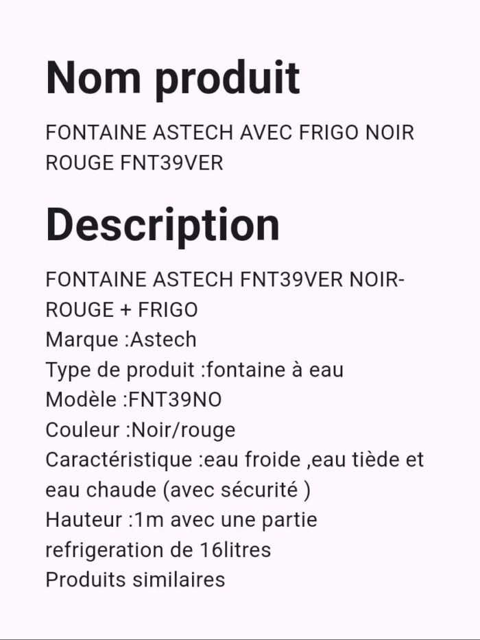 Fontaine Astech Avec Frigo Noir FNT39VER – Image 2